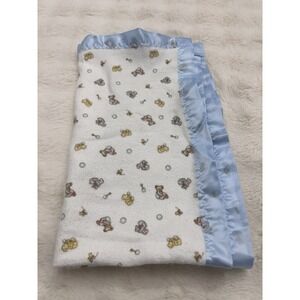 Vintage Carters Flannel Baby Blanket Blue Nylon Satin TrimBunny Bear Dog Rattle